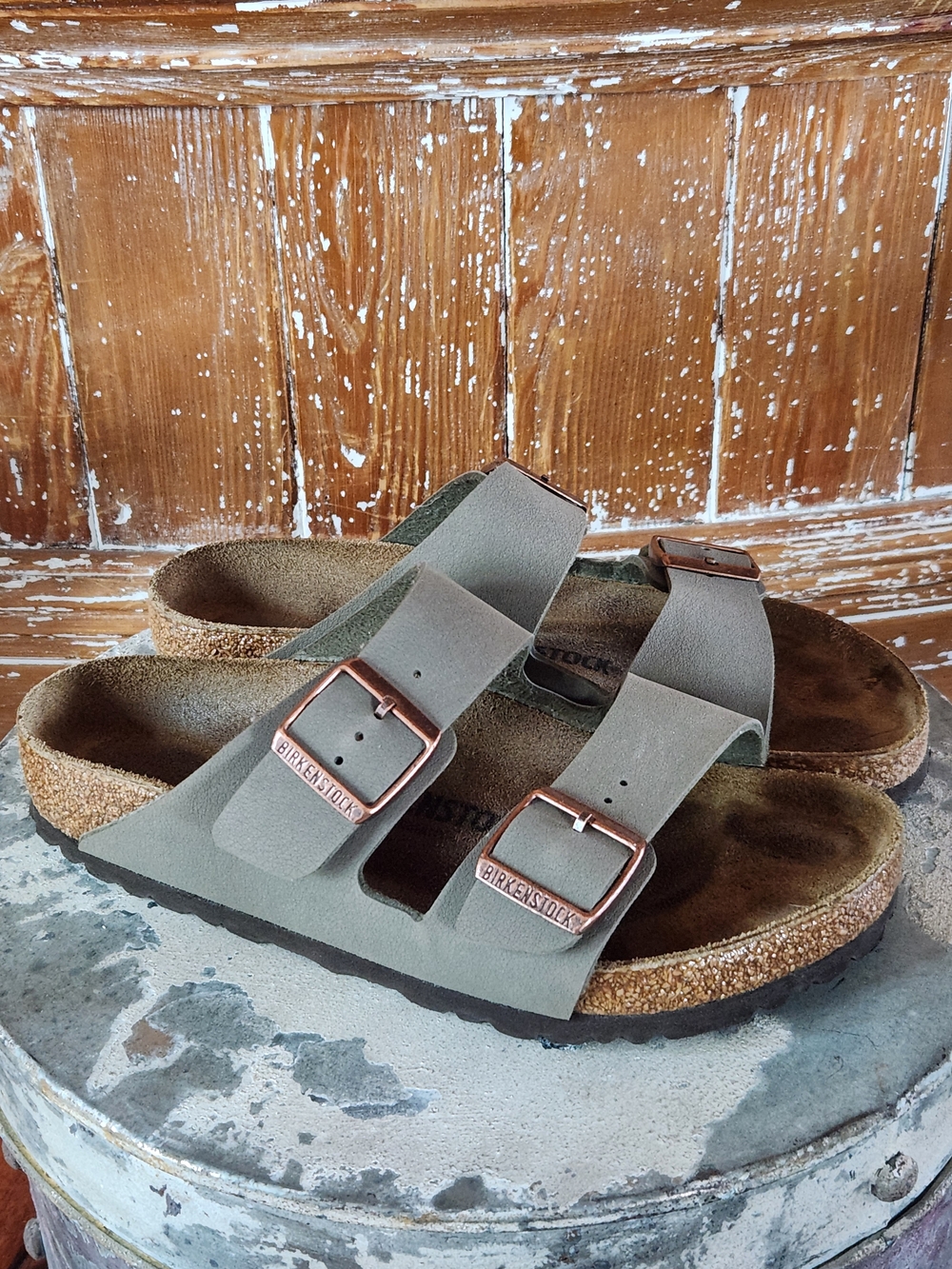 Birkenstock Arizona Stone Leather Two-Strap Sandals W/Rose Gold Buckles